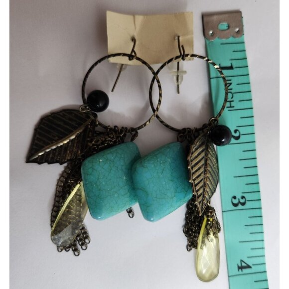 Hoop Earrings blue gold tone southwest feather charm womens jewelry statement - Picture 3 of 3